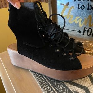 Black suede lace up wedge sandals